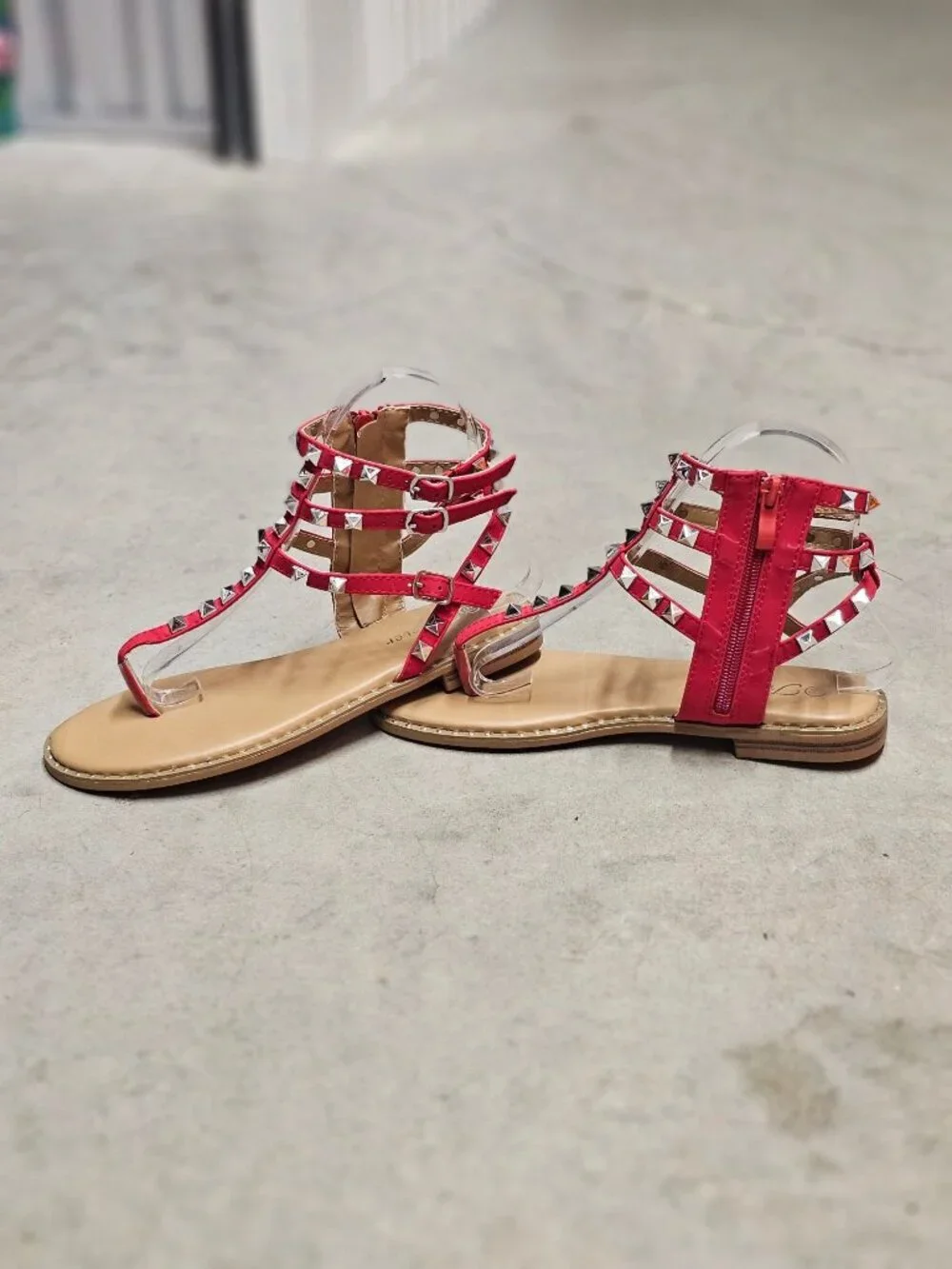 Red Gladiator Sandals With Studded Straps & Side Zipper For Women Flat Sole Comf